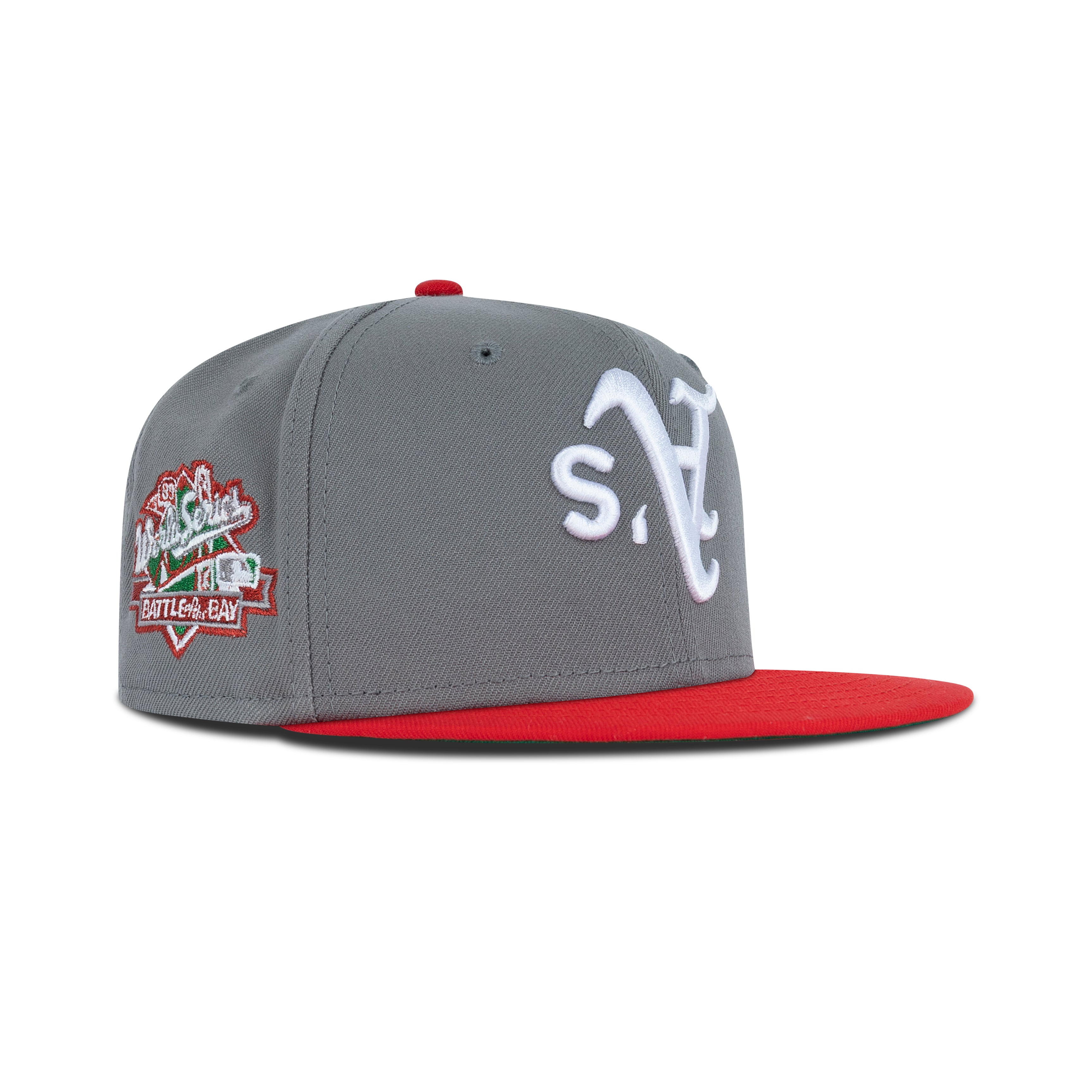New Era Oakland Athletics Upside Down Logo Fitted Green Bottom "Storm Grey Red White" (1989 World Series Battle Of The Bay Embroidery)