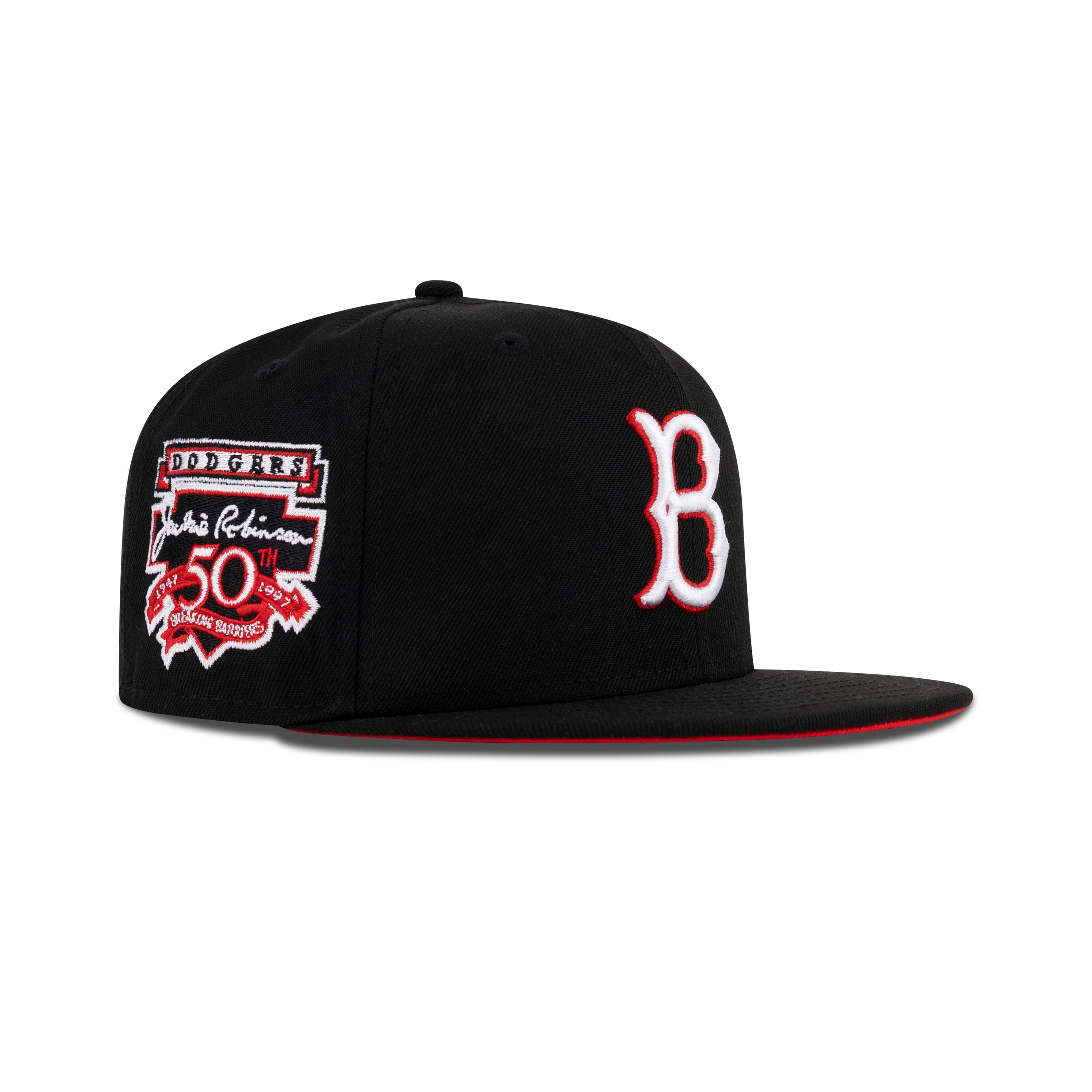 New Era Brooklyn Dodgers Fitted Front Door Red Bottom "Black Front Door Red White" (Jackie Robinson & 50th Anniversary Embroidery)