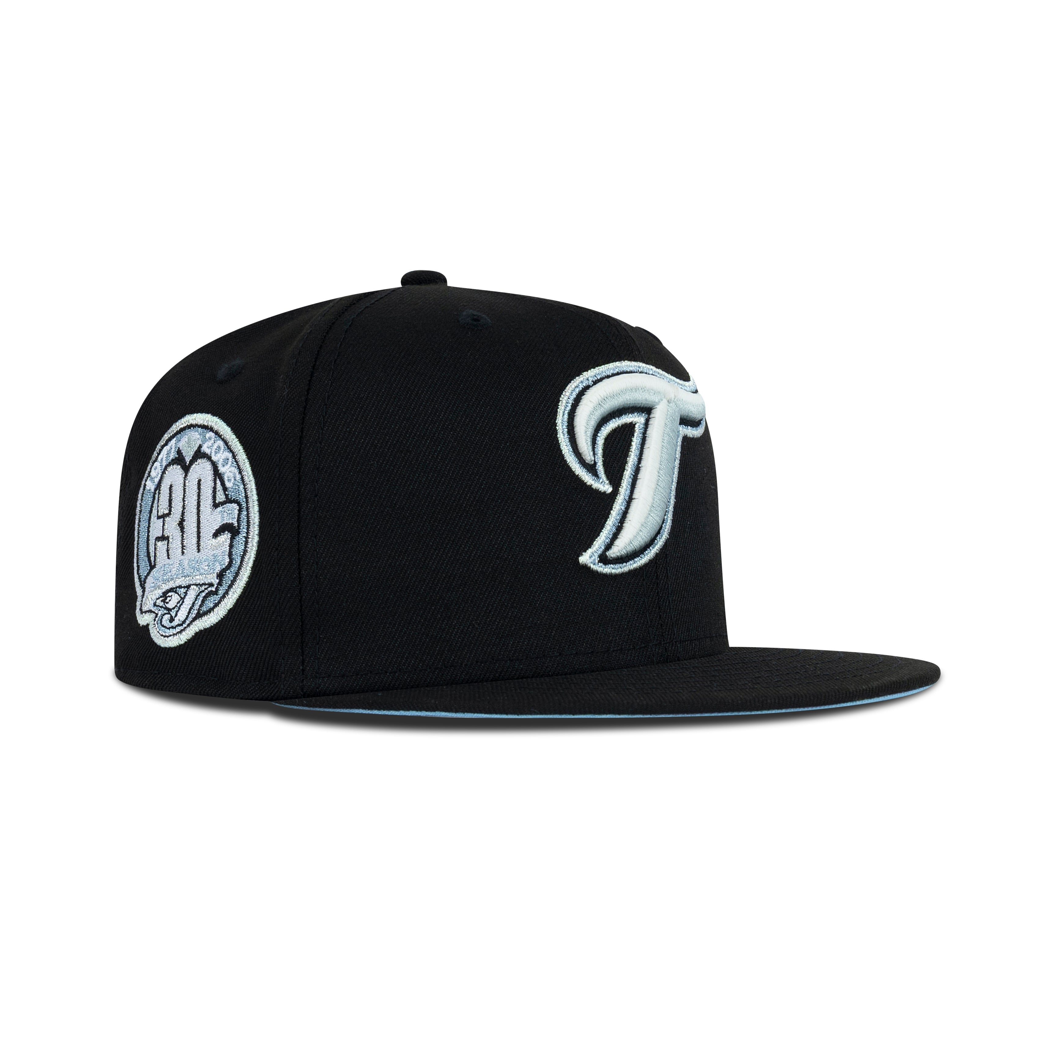 New Era Toronto Blue Jays Fitted Sky Bottom "Black Metallic Sky" (1977-2006 30th Season Embroidery)