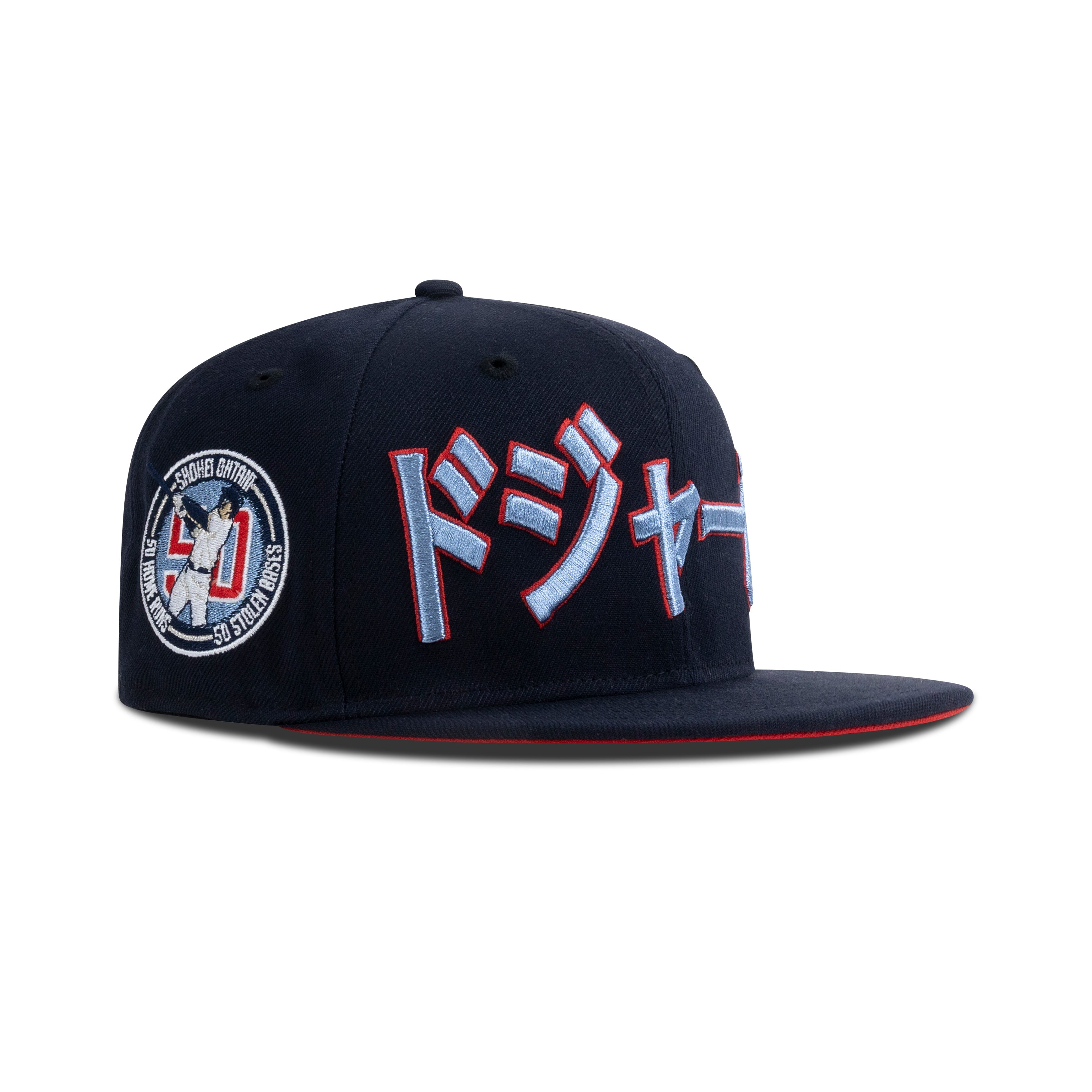 New Era Los Angeles Dodgers Kanji Fitted Red Bottom "Navy Metallic Blue Gray Red" (Shohei Ohtani 50 Home Runs X 50 Stolen Bases Embroidery)