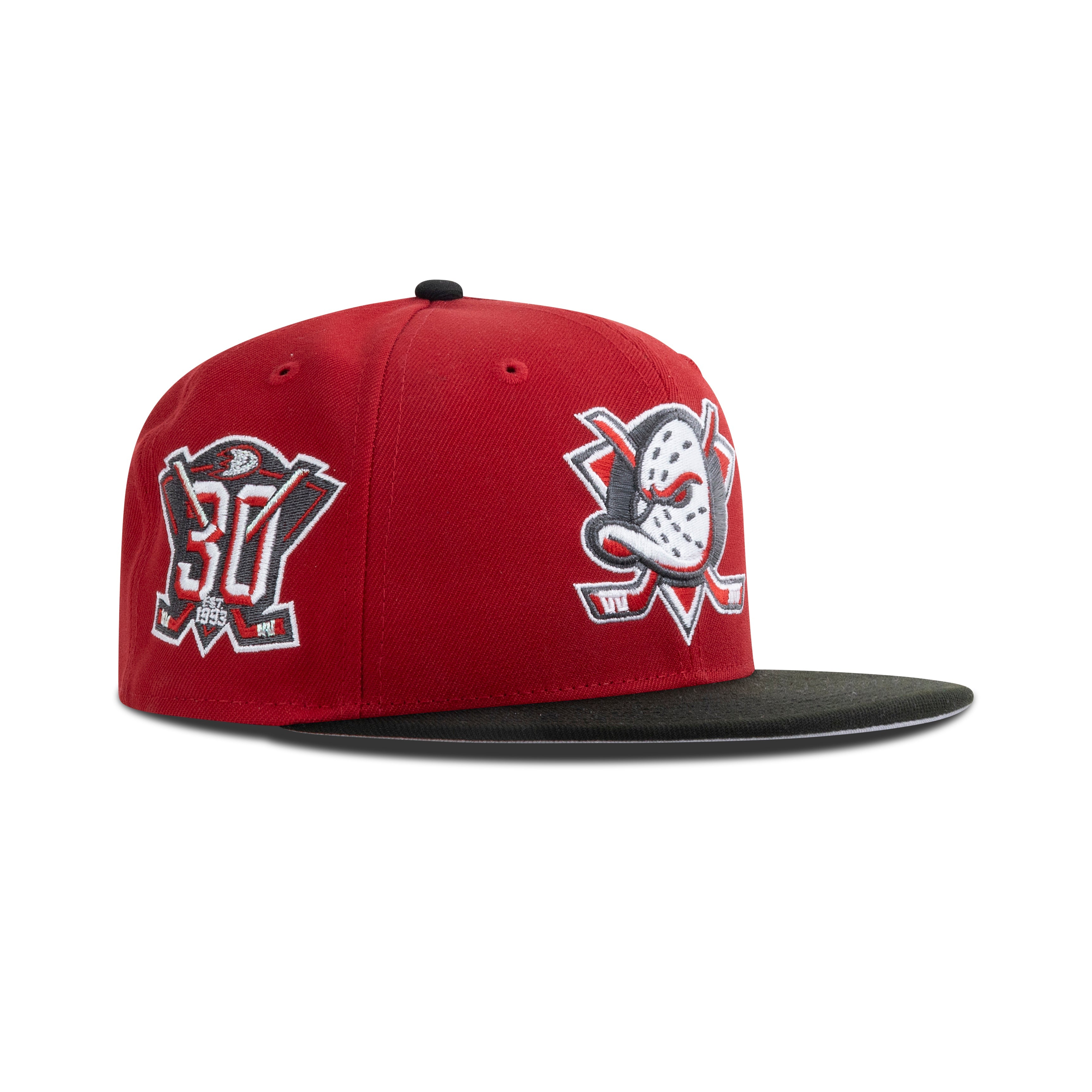 New Era Anaheim Mighty Ducks Fitted Grey Bottom "Scarlet Black White" (30th Anniversary Embroidery)