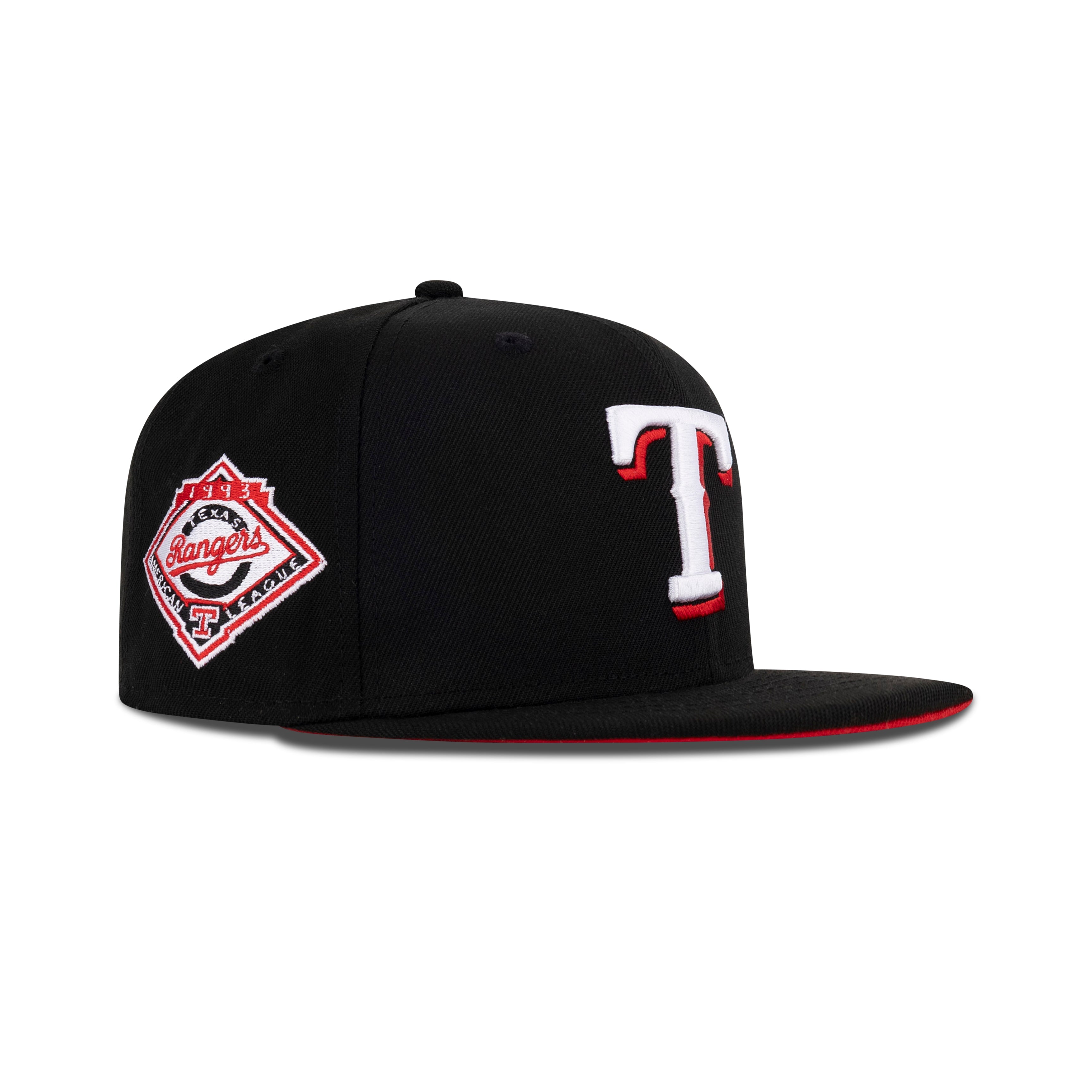 New Era Texas Rangers Fitted Front Door Red Bottom "Black Front Door Red White" (1993 American League Embroidery)