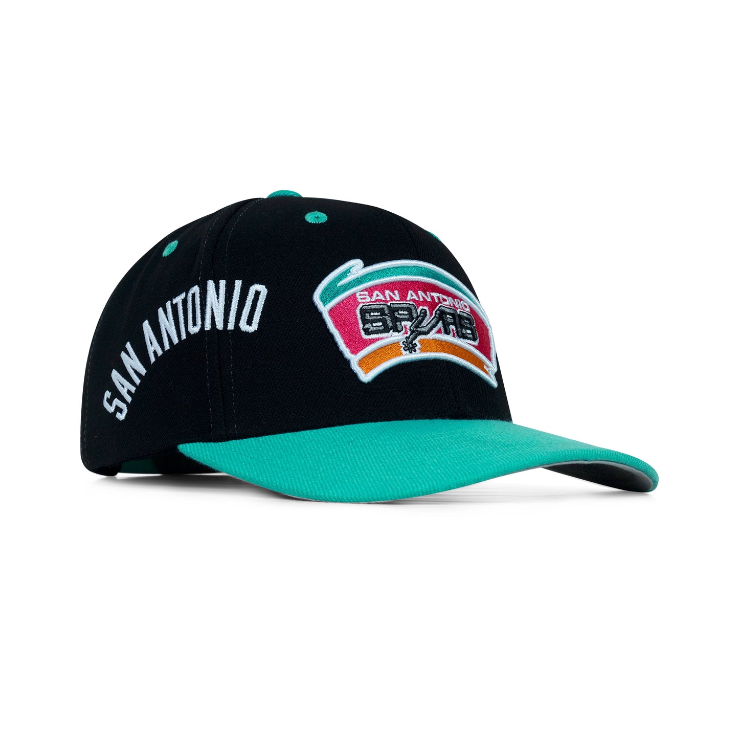 Mitchell & Ness San Antonio Spurs Overbite Pro Snapback Grey Bottom "Black Teal" (San Antonio Embroidery)