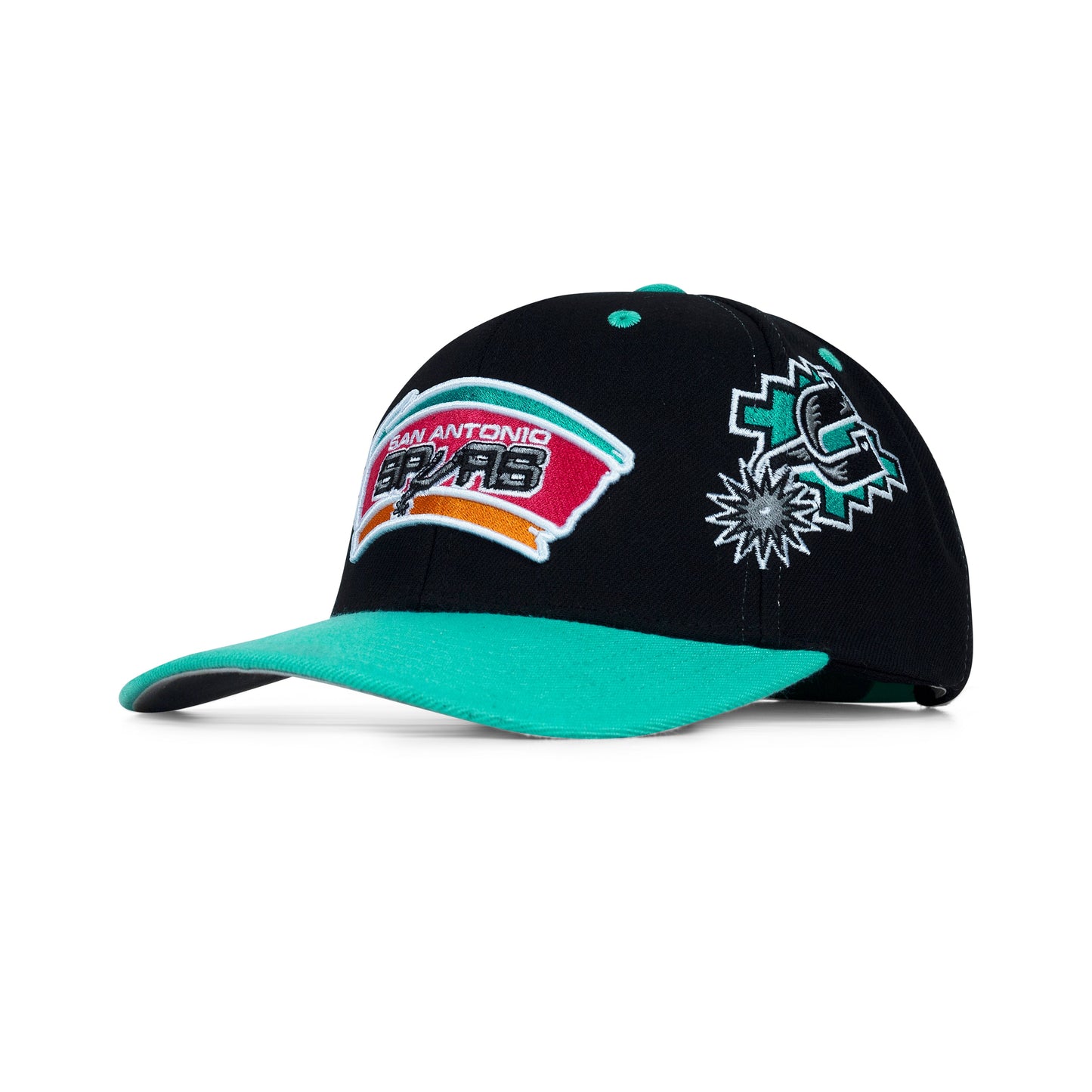 Mitchell & Ness San Antonio Spurs Overbite Pro Snapback Grey Bottom "Black Teal" (San Antonio Embroidery)