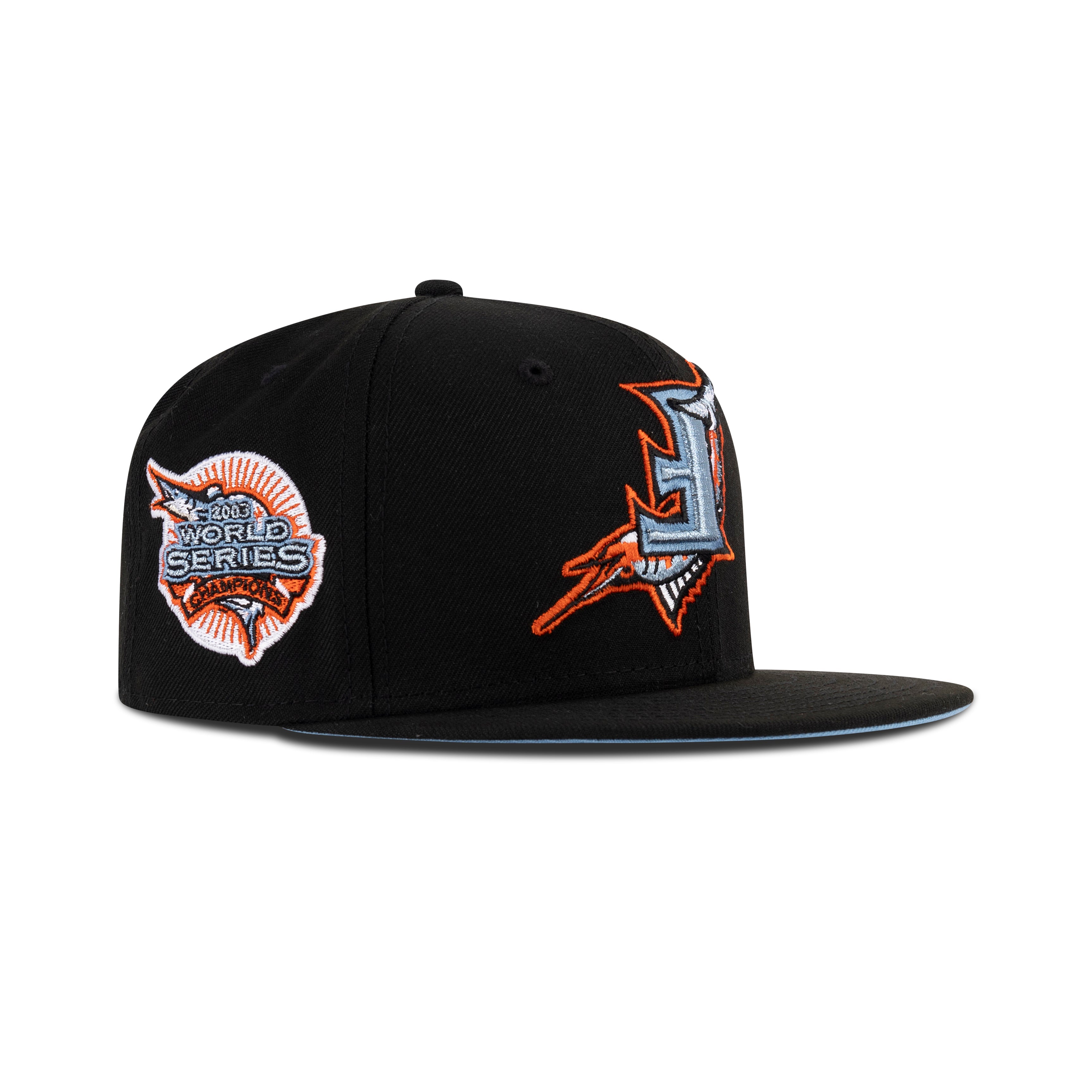 New Era Florida Marlins Upside Down Logo Fitted Sky Bottom "Black Metallic Blue Gray Countdown Orange" (2003 World Series Champions Embroidery)
