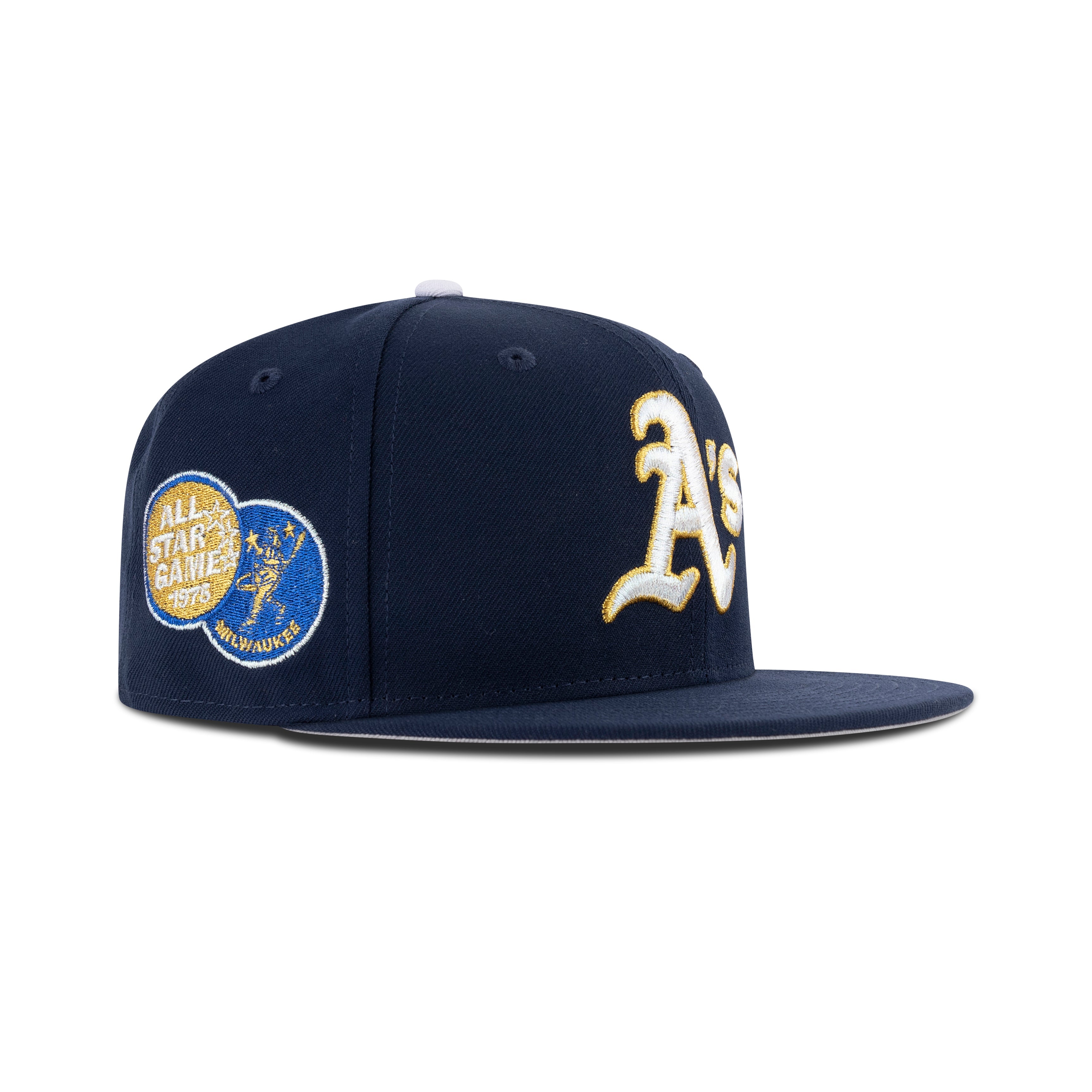 New Era Oakland Athletics Fitted Grey Bottom "Oceanside Blue White Metallic Gold Rush" (1975 All Star Game Embroidery)