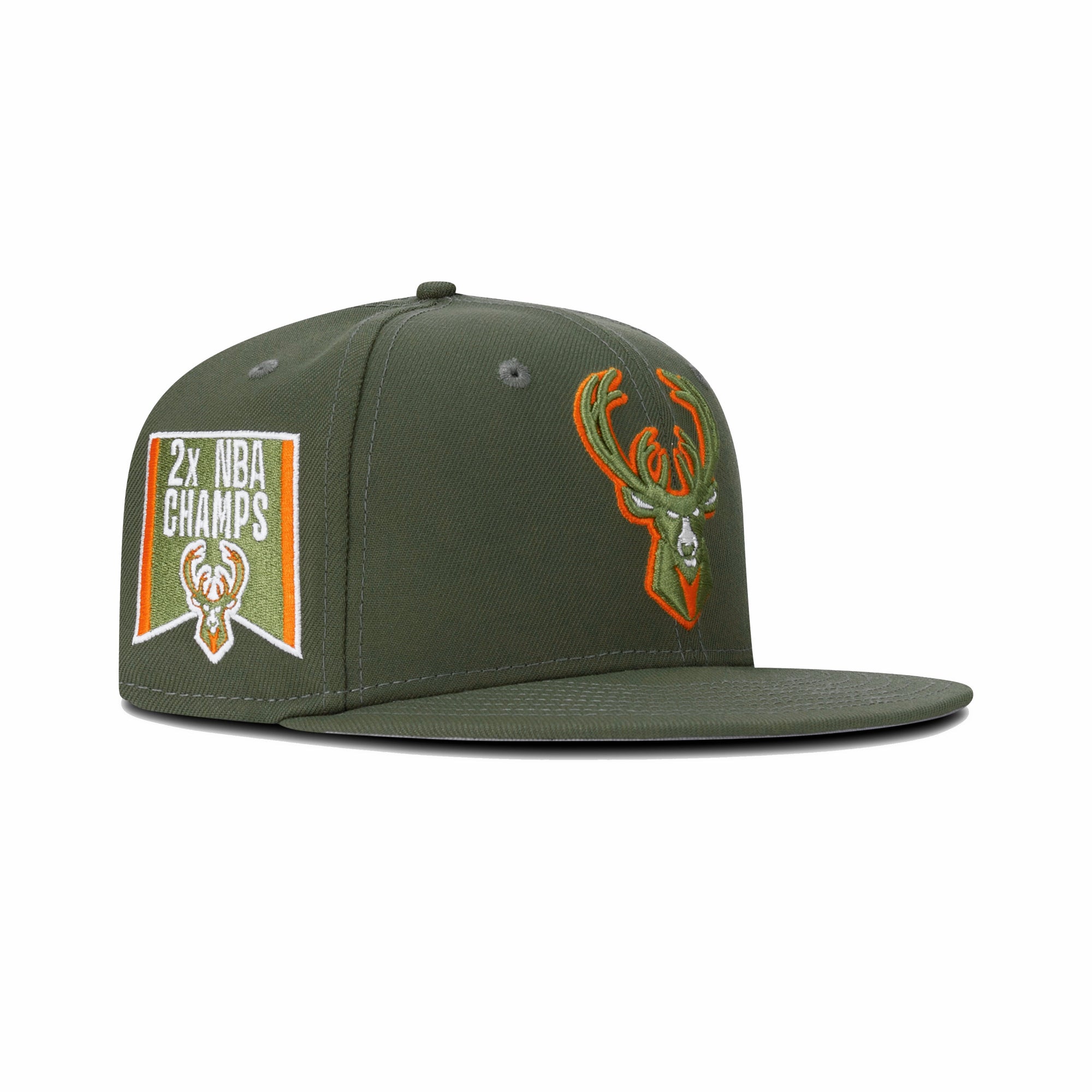 New Era Milwaukee Bucks Fitted Grey Bottom "Olive Orange" (2X NBA Champs Embroidery)